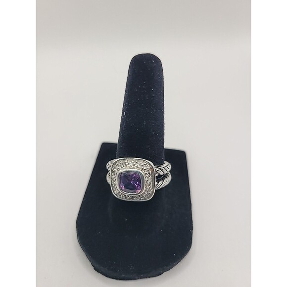 Jewelry - Vintage Silver Tone Purple Stone Halo Ring Rope Band Cushion Cut SZ 7